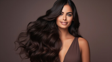 Naklejka premium Beauty brunette girl with long shiny curly hair . Beautiful smiling woman model wavy hairstyle . Cosmetology, cosmetics and make-up.
