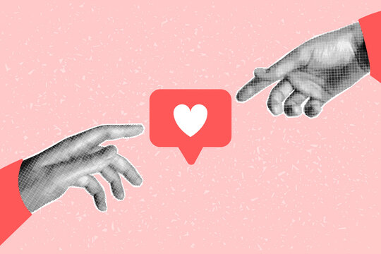 Halftone collage hands banner, palms reaching for like. Retro pop art magazine cut element on pink textured background, social media.
