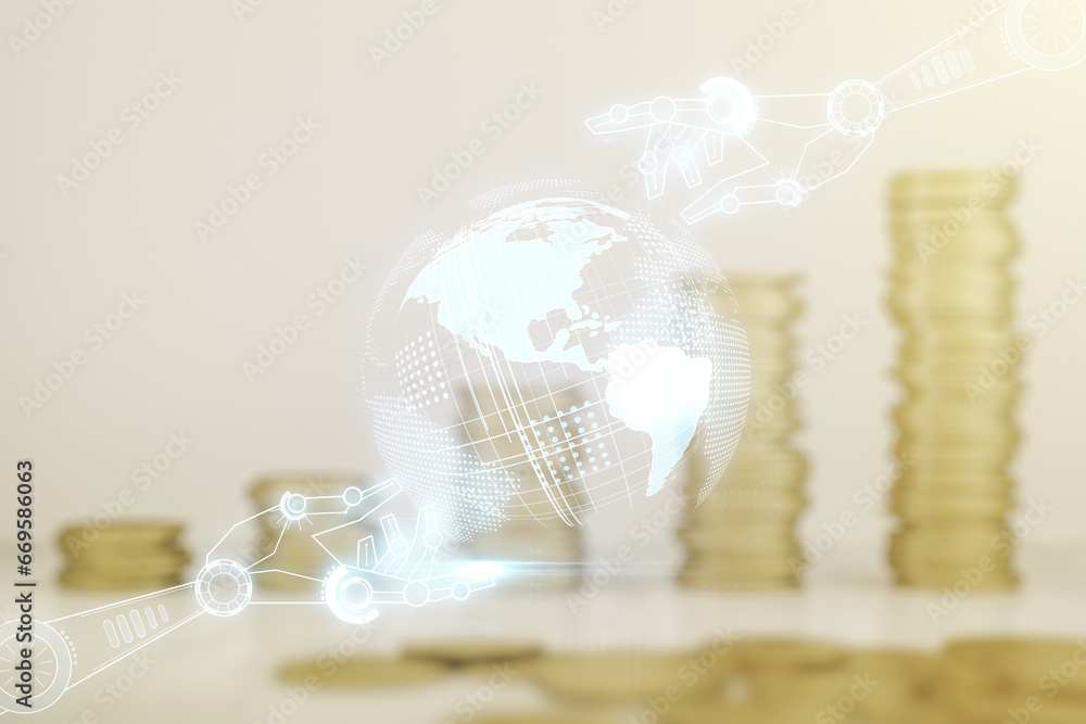 Aufkleber Abstract virtual robotics technology sketch with globe on growing coins stacks background, future technology and AI concept. Double exposure