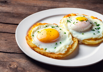 Fried eggs on toast on a wooden background.