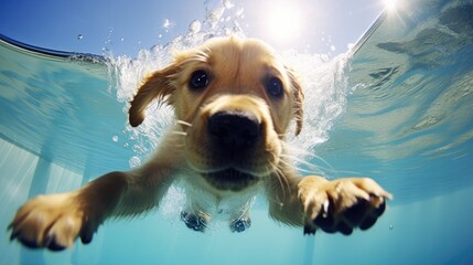 Funny underwater picture of puppies in swimming pool playing deep dive action training game with family pets and popular dog breeds during summer holidays. recreation, relax, generate by AI