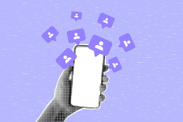 Halftone collage of hand holding smartphone, web banner on bright background. New subscribers,...