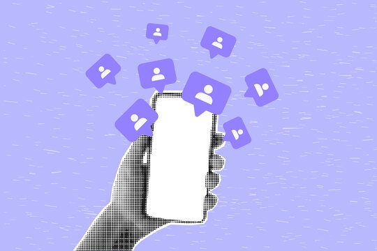 Halftone collage of hand holding smartphone, web banner on bright background. New subscribers, social networks, layout.