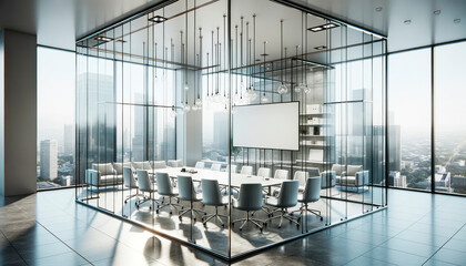 Modern conference room interior with glass walls and city view. Generative AI