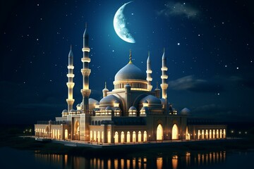 A 3D-rendered image of a mosque at night with a crescent moon. Generative AI