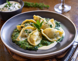 a dish of Spinach Pierogi served in an upscale vegetarian restaurant.
