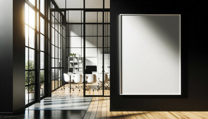 Modern loft office entrance with blank white banner on black wall, mockup. Generative AI