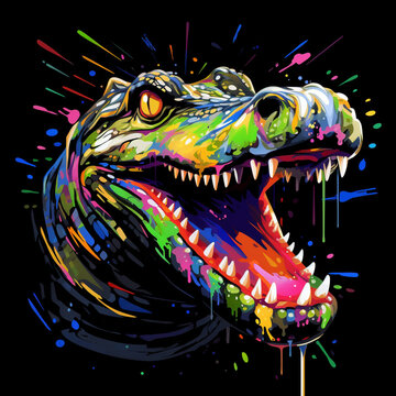 Crocodile head splash of watercolor illustration on dark background. Generative AI
