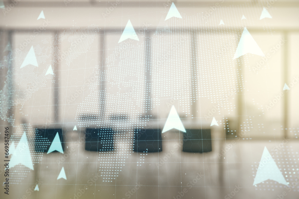 Poster double exposure of abstract virtual world map with pins hologram on a modern meeting room background