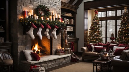 Naklejka premium Christmas decor in living room with stocking