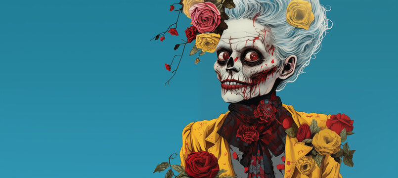 A clownish skull, an elderly lady with grey hair with flowers and a yellow coat. Blue background banner with copy space.