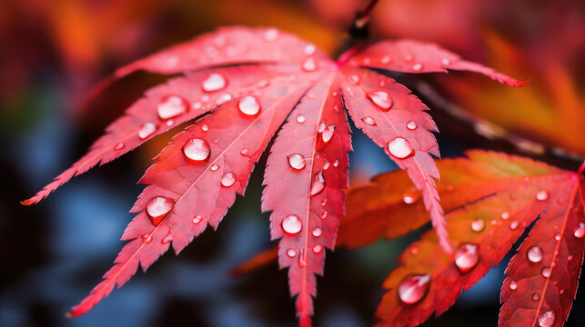 Japanese maple red leaf water dropping fall close short  