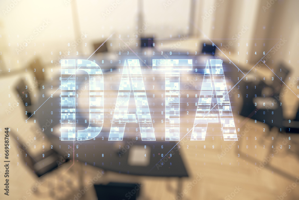 Poster data word hologram on a modern boardroom background, big data and blockchain concept. multiexposure