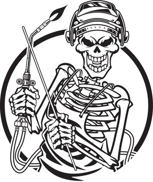 human skeleton wearing welding mask and holdingwelding torche