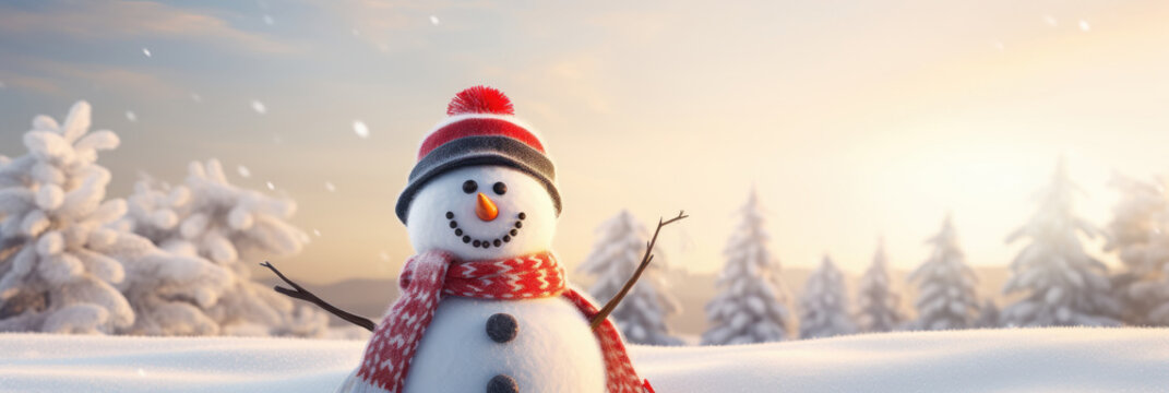 Banner of Snowman in a red hat and scarf in a winter sunny forest. Christmas concept.  Extra wide format. Copy space