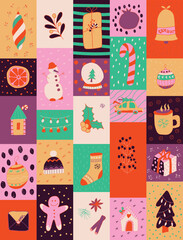 Bright Christmas Advent calendar. Winter holidays. Christmas attributes. Christmas banner. Vector illustration.