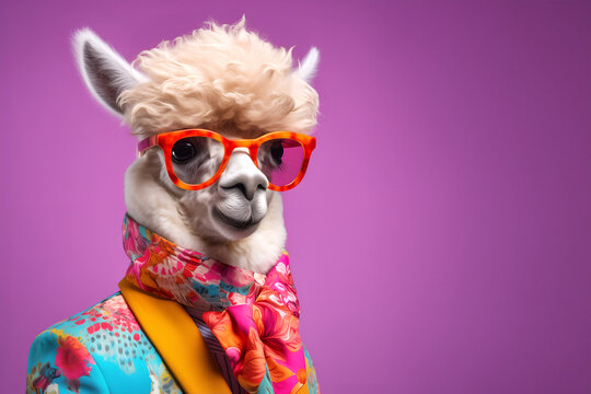 Creative animal concept. Alpaca in glam fashionable couture high end outfits isolated on bright background advertisement, copy space. birthday party invite invitation banner