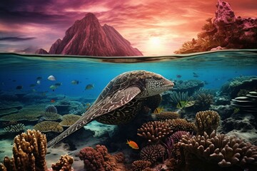 A dolphin explores coral reefs in clear ocean water. Generative AI