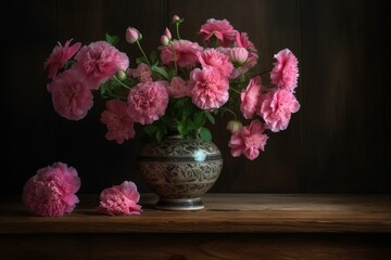 A vase of pink flowers on a wooden table. Generative AI