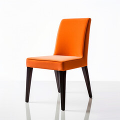 Sleek orange dining chair with dark legs on reflective surface