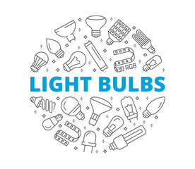 Light bulbs line icons. Collection of winter symbols in circular composition. Vector illustration.