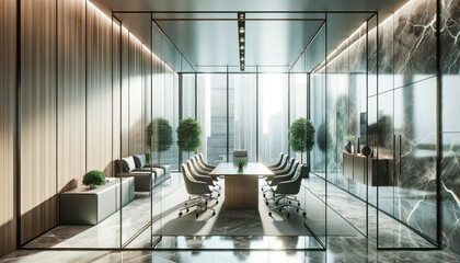 Interior of modern meeting room with glass walls, concrete floor, panoramic windows and long wooden table with chairs. Generative AI - obrazy, fototapety, plakaty