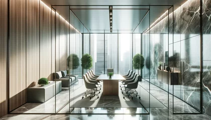 Fotobehang Interior of modern meeting room with glass walls, concrete floor, panoramic windows and long wooden table with chairs. Generative AI © Who is Danny