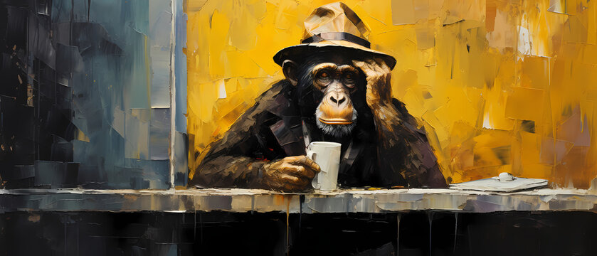 Gorilla with a cup of coffee on the background of an oil painting