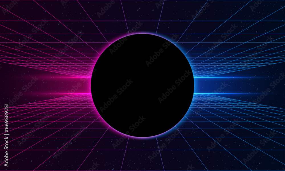 Poster universe retro futuristic 80's background 4k. synthwave wireframe net video loop. abstract digital b
