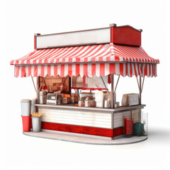  Vibrant, detailed kiosk showcasing a variety of products, with a prominent red theme and striped awning. Small business, state fair or theme park concessions.