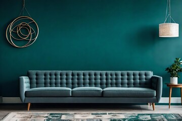 Grey sofa against dark teal wall with decorative circles as wall decor. Mid-century, scandinavian home interior design of modern living room