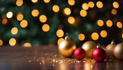 Fototapeta na wymiar Golden and blue balls with bokeh lights on a green Christmas tree with cones, winter background for greeting card, atmosphere of cosiness and celebration