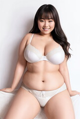 Obraz premium Beauty curve plus size fat woman in a white underwear lingerie in studio shot.Long dark hair.Digital creative designer fashion art.