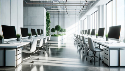 Interior of modern open space office with white walls, concrete floor, rows of computer tables and white chairs. Generative AI