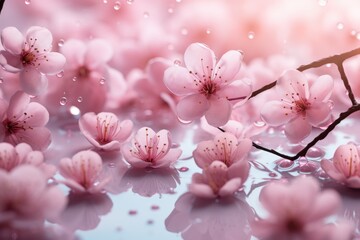 The cherry blossom on the surface of the water have a beautiful reflection.