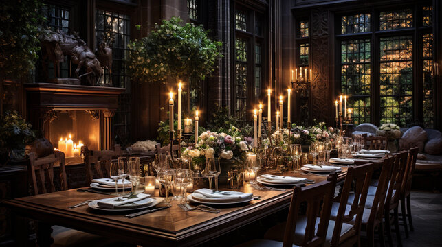 An elegant dining room with a long wooden table set for a formal dinner, bathed in soft candlelight