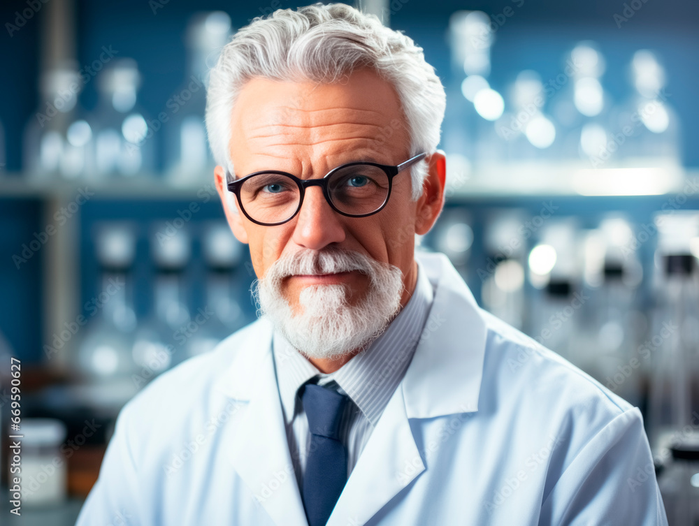 Poster Portrait of senior male scientist in lab. He is smiling and looking at camera. Generative AI