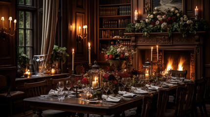 Fototapeta na wymiar An elegant dining room with a long wooden table set for a formal dinner, bathed in soft candlelight