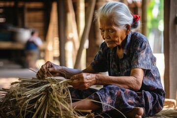 Woman weaving wicker basket indoors. AI Generated