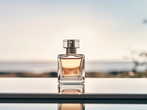 Perfume bottle on a glass table with sea view background.