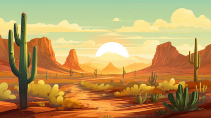Big green, cacti in the desert. Desert landscape with canyons and mountains, flat design