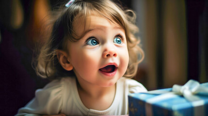 A baby girl with blue eyes looking at a gift box.