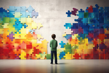Boy standing in front of rainbow colored puzzle wall - obrazy, fototapety, plakaty