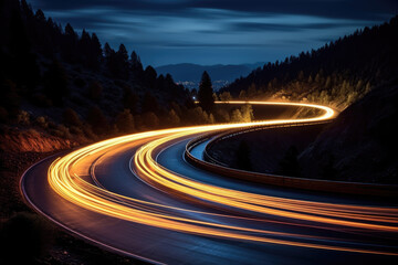 Cars light trails on a winding road at night - obrazy, fototapety, plakaty