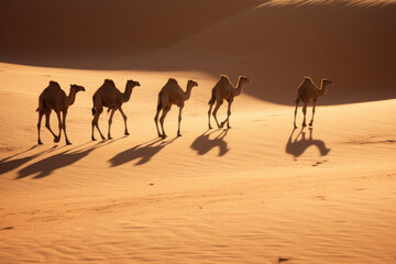 Fototapeta na wymiar Camel caravan going through the desert at sunset