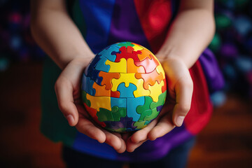 Girl holding rainbow colored puzzle Earth globe in her hands - obrazy, fototapety, plakaty