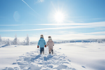 Fototapeta na wymiar Happy cheerful children playing in snow