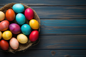 Fototapeta na wymiar Colored Easter eggs on a wooden background