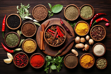 Obraz na płótnie Canvas Collection of different aromatic spices and herbs on wooden background