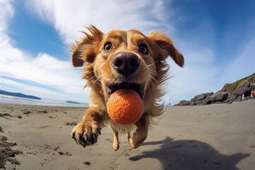 Happy adorable dog playing fetch on sand beach - Powered by Adobe